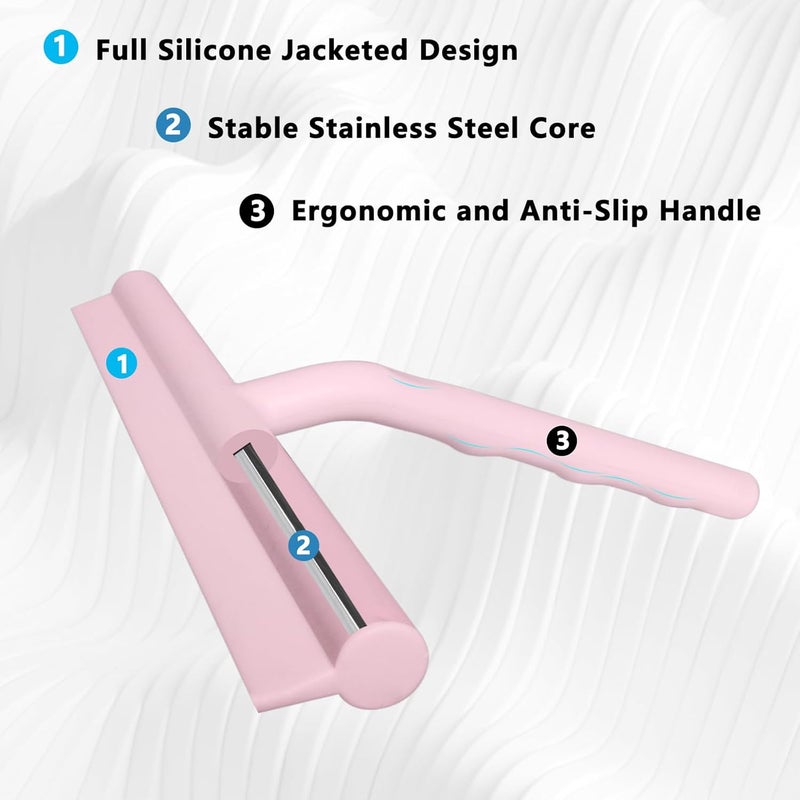 DEOFUXT Silicone Shower Squeegee for Glass Doors Window Squeegee for Walls, Sink, Mirror, Bathroom, Car Window Cleaning - Pink - Image 3